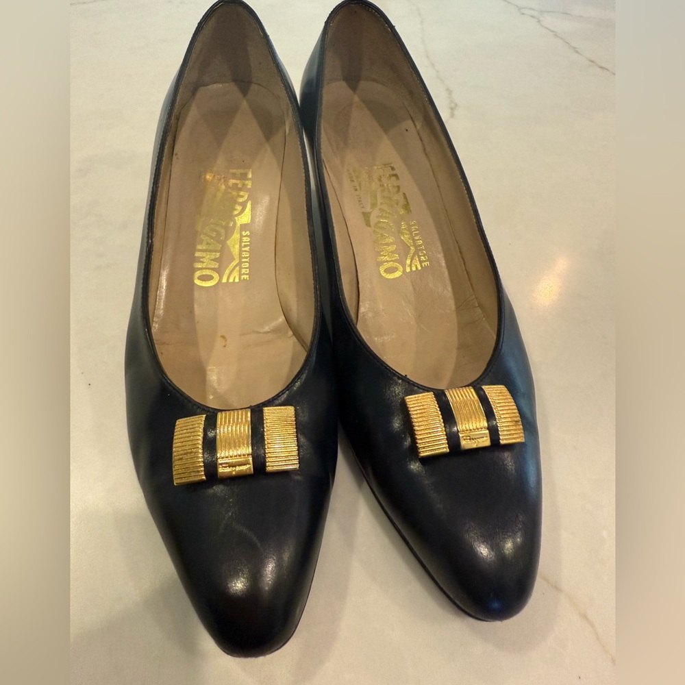 Salvatore Ferragamo Vintage Navy Blue Heels with Gold Accent